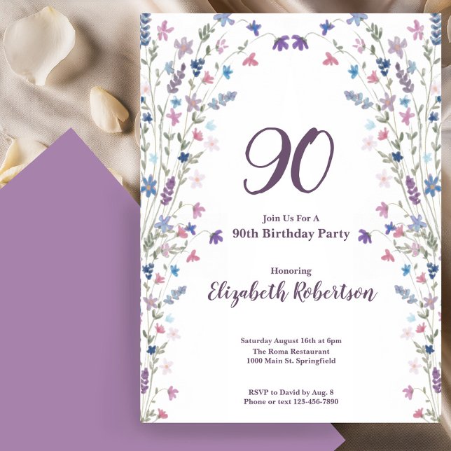 Watercolor Wildflowers Women's 90th Birthday  Invitation (Creator Uploaded)