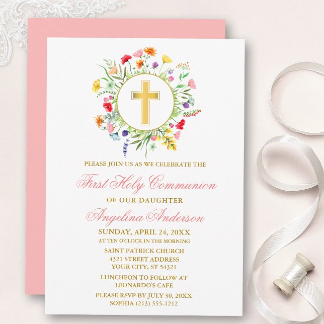 Watercolor Wildflowers Wreath Gold Pink Communion Invitation (Customize to change text color, size, style or to change color of back of card.)