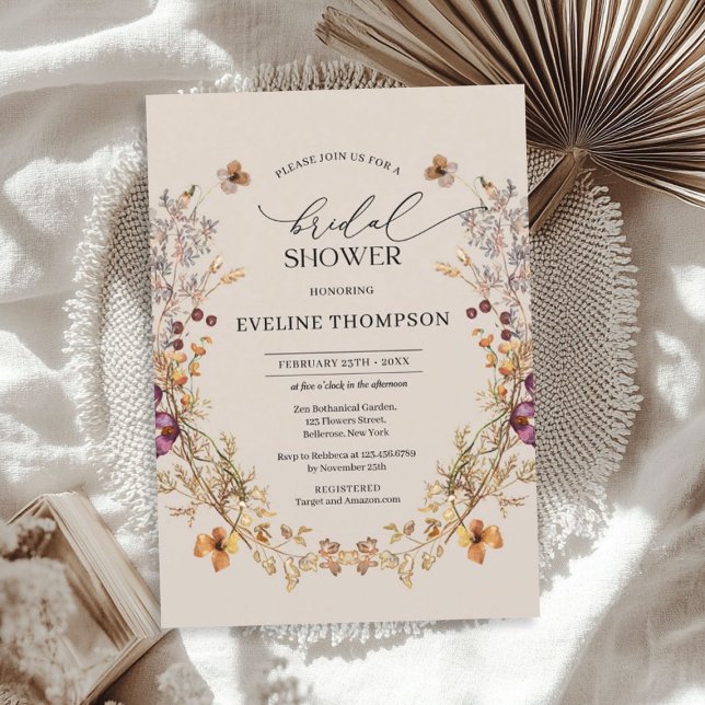 Watercolor wildflowers wreath mauve orange invitation (Watercolor wildflowers wreath mauve orange invitation)