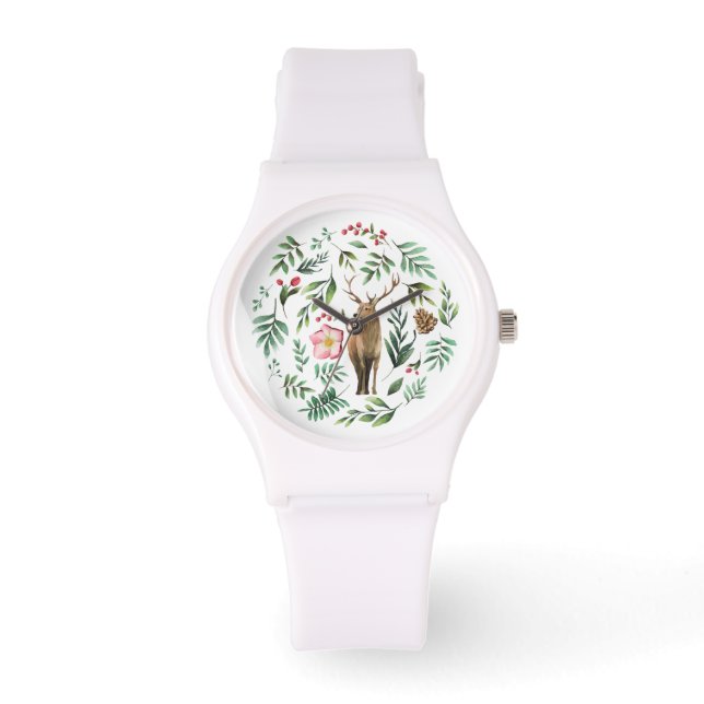Watercolor wildlife deer with flowers and leaves watch (Front)