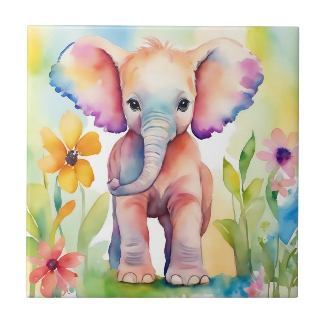 Watercolor Wildlife Elephant Tile (Front)