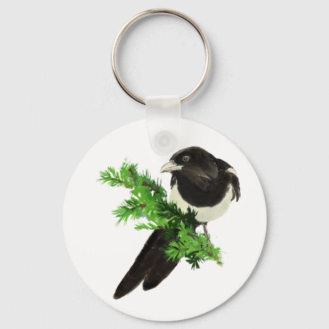 Watercolor Wildlife Magpie Bird Nature art  Key Ring (Front)