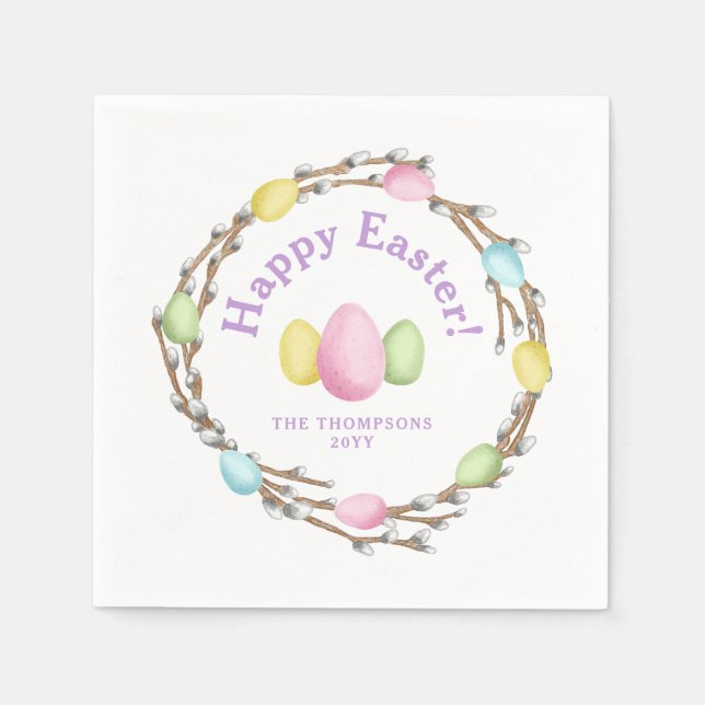 Watercolor Willow Wreath Pastel Happy Easter Napkin (Front)
