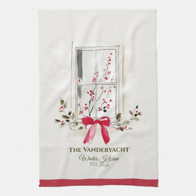 Watercolor Window & Berry Personalized Tea Towel (Vertical)