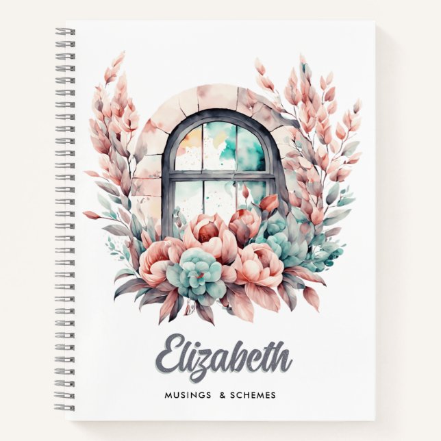 Watercolor Window with Pink Flowers and Succulents Notebook (Front)