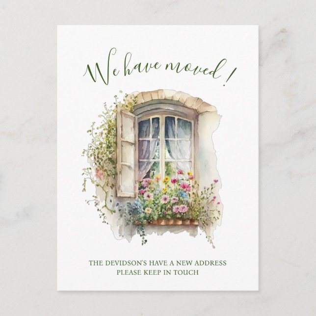 Watercolor Windows with Flowers New Home Moving An Postcard (Front)