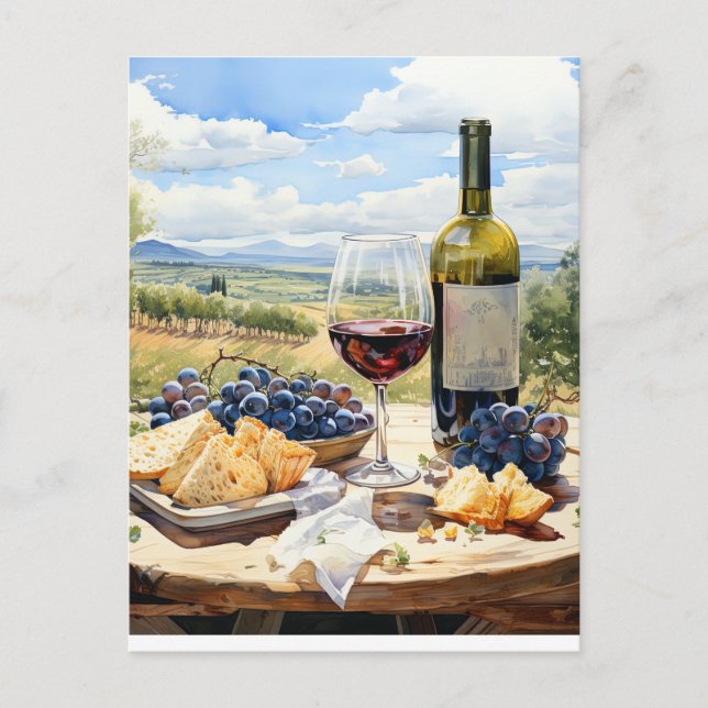 Watercolor Wine and Vineyard Background Postcard (Front)