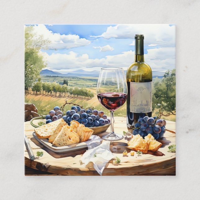 Watercolor Wine and Vineyard Background Square Business Card (Front)