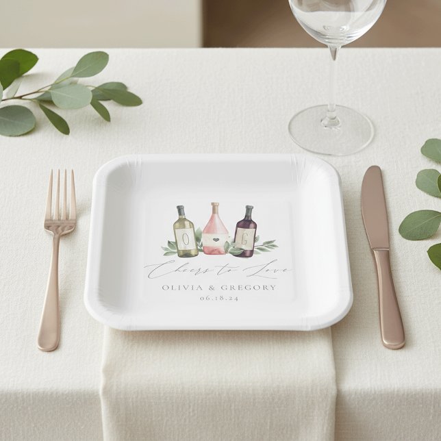 Watercolor Wine & Botanical Cheers to Love Paper Plate (Creator Uploaded)