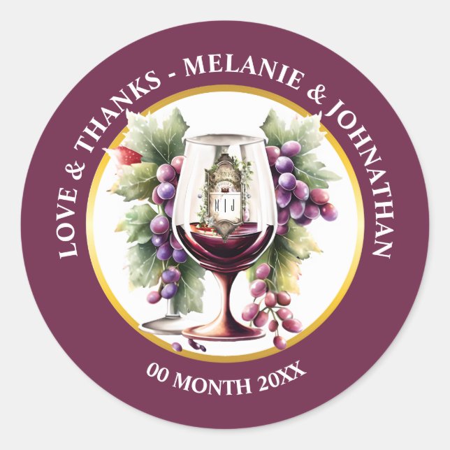 Watercolor wine bottles grapes burgundy winery classic round sticker (Front)