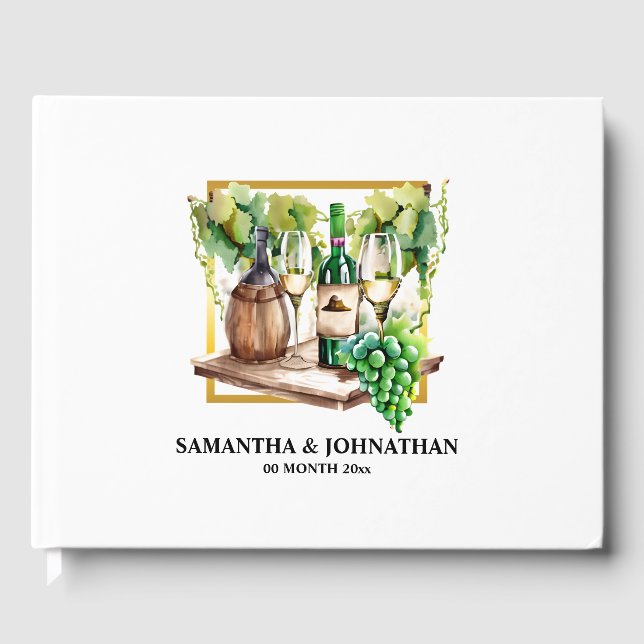 Watercolor wine bottles vineyard winery green gold guest book (Front)