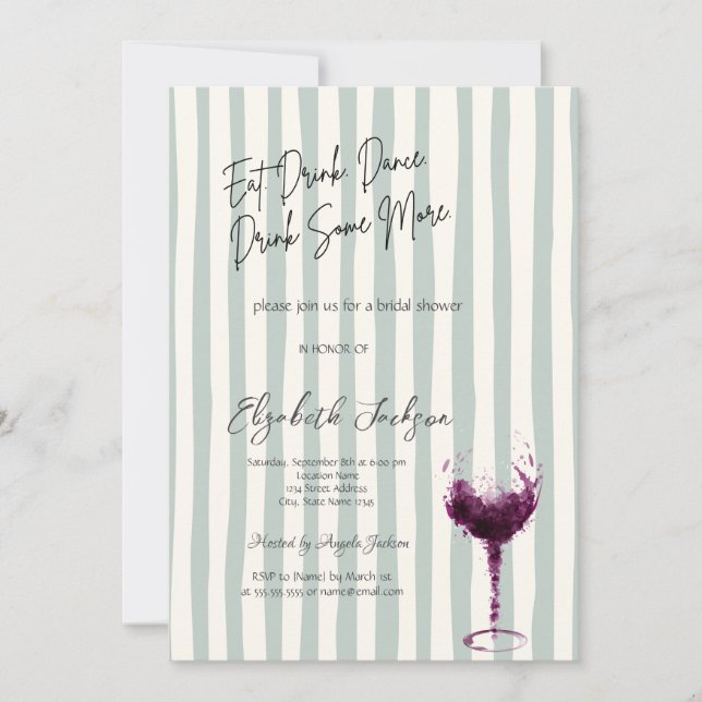 Watercolor Wine Glass Green Striped Bridal Shower Invitation (Front)