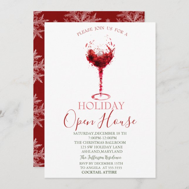 Watercolor Wine Glass Snowflakes Open House Invitation (Front/Back)