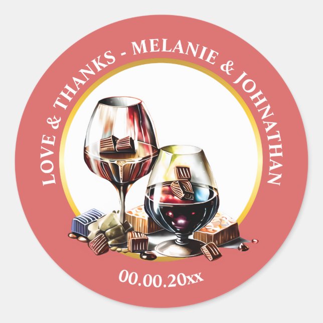 Watercolor wine tasting pairing chocolate pink  classic round sticker (Front)