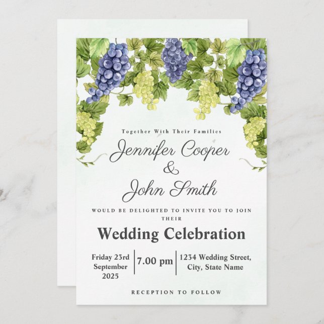 Watercolor Winery Grape Vines Vineyard Wedding Inv Invitation (Front/Back)