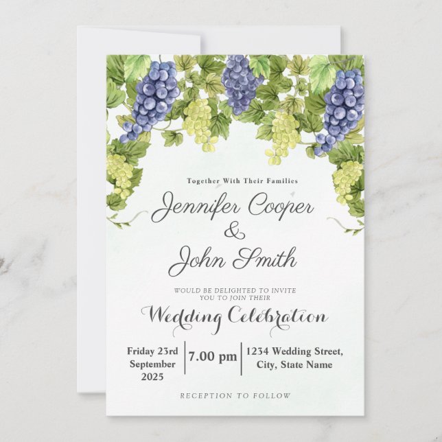 Watercolor Winery Grape Vines Vineyard Wedding Invitation (Front)