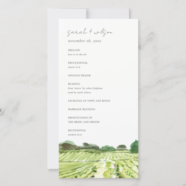Watercolor Winery Vineyard Wedding Program Card (Front)