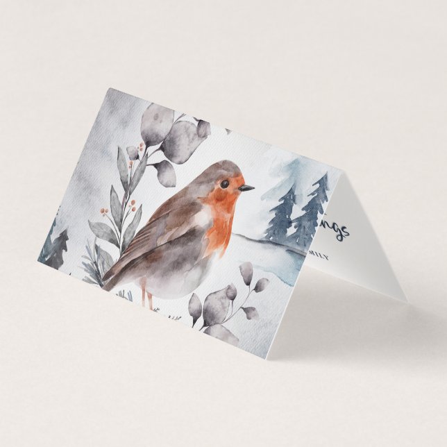 Watercolor Winter American Robin Folded Card (Front)