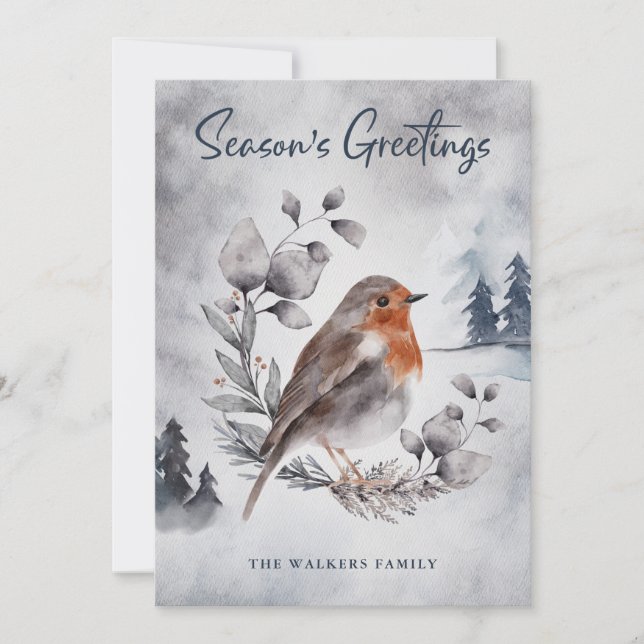 Watercolor Winter American Robin Holiday Card (Front)