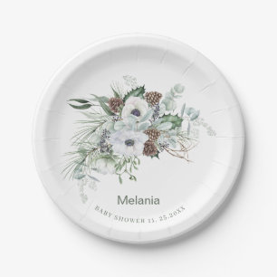 Watercolor Winter Anemones Flowers baby shower Paper Plate