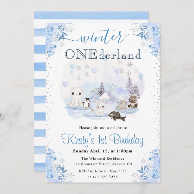 Watercolor Winter Arctic Animals 1st Birthday Invitation (Front/Back)