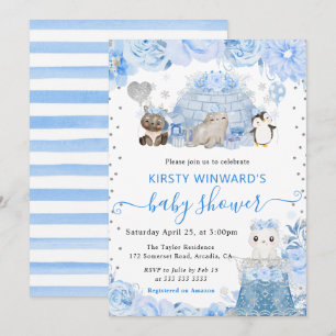 Watercolor Winter Arctic Animals Baby Shower Invitation