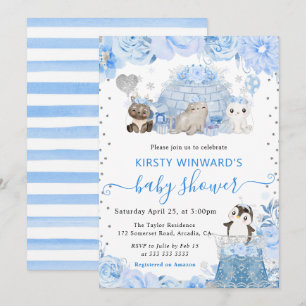 Watercolor Winter Arctic Animals Baby Shower Invitation