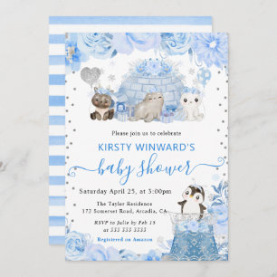Watercolor Winter Arctic Animals Baby Shower Invitation
