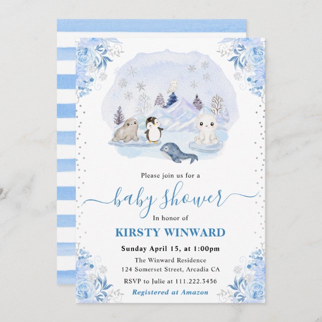 Watercolor Winter Arctic Animals Baby Shower Invitation (Front/Back)