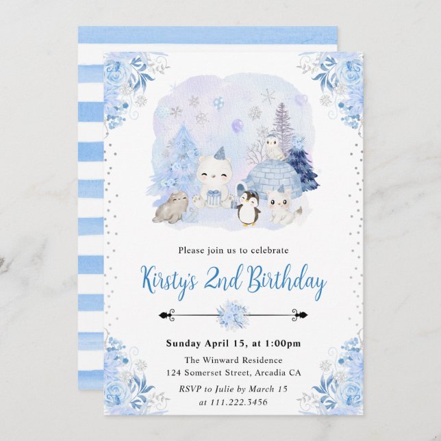 Watercolor Winter Arctic Animals Birthday Party Invitation (Front/Back)