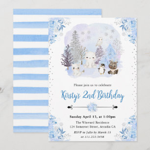 Watercolor Winter Arctic Animals Birthday Party Invitation