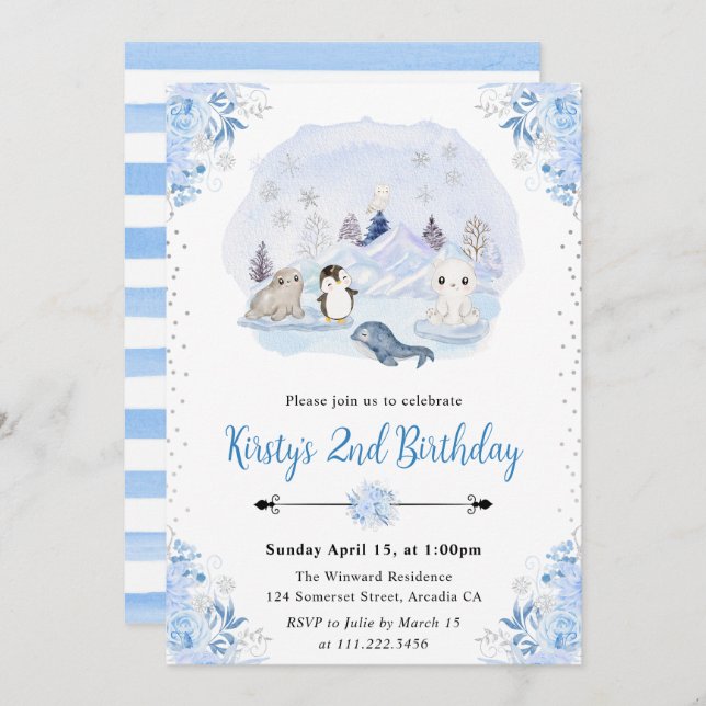 Watercolor Winter Arctic Animals Birthday Party Invitation (Front/Back)