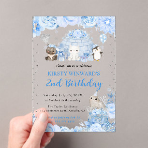 Watercolor Winter Arctic Animals Kids Birthday Acrylic Invitations