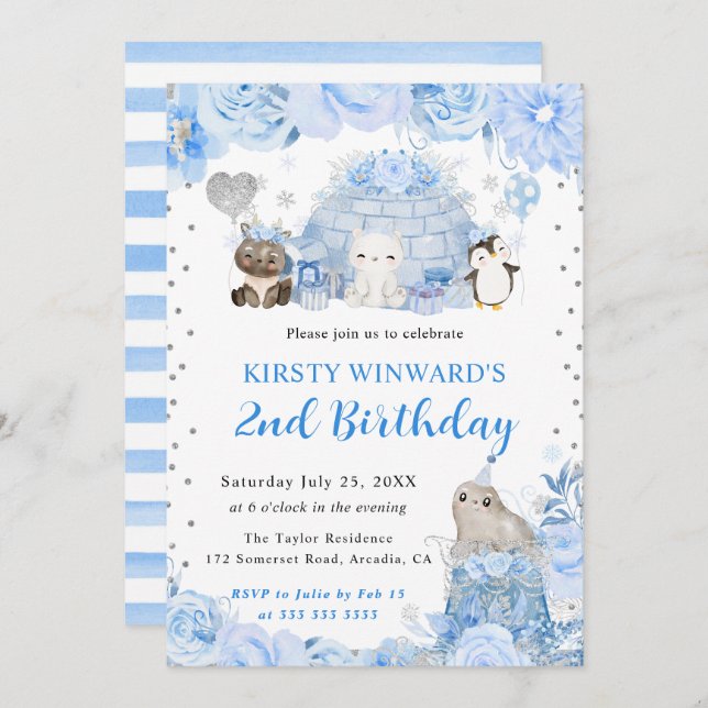 Watercolor Winter Arctic Animals Kids Birthday Invitation (Front/Back)