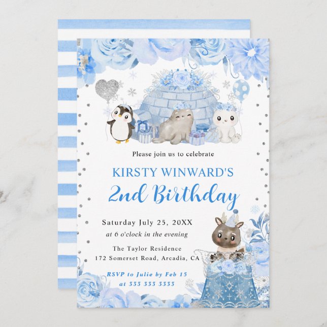 Watercolor Winter Arctic Animals Kids Birthday Invitation (Front/Back)