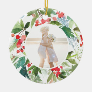 Watercolor Winter Berries and Greenery Ceramic Tree Decoration