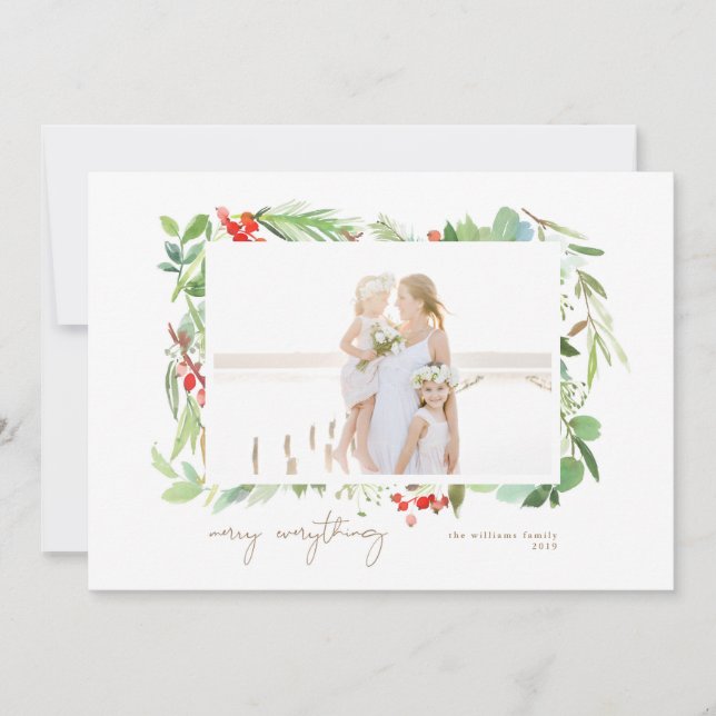 Watercolor Winter Berries and Greenery Holiday Card (Front)