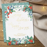 Watercolor Winter Berries Holly Calligraphy Gold<br><div class="desc">Watercolor winter berries and holly christmas card with luxury gold foil elegant calligraphy. This design features winter berries,  holly,  pine and evergreen winter greenery. A beautiful choice and easy to personalise.</div>