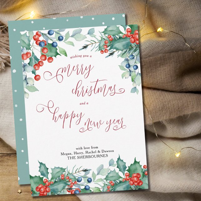 Watercolor Winter Berries Holly Calligraphy Holiday Card (Creator Uploaded)