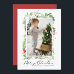 Watercolor Winter Berry Greenery Photo Christmas Holiday Card<br><div class="desc">Merry Christmas! Send your Christmas wishes and greetings with this customisable Christmas flat card. It features watercolor leaves,  hollies and berries with an elegant script. Personalise by adding a vertical photo and texts. The perfect Christmas card for your family and friends. Matching items are available.</div>