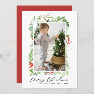 Watercolor Winter Berry Greenery Photo Christmas Holiday Card