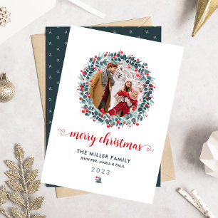 Watercolor Winter Berry Greenery Wreath Photo Holiday Card