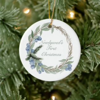 Watercolor Winter Berry Wreath Ceramic Tree Decoration