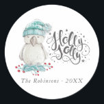 Watercolor Winter Bird Holly Jolly Christmas Classic Round Sticker<br><div class="desc">Holly Jolly woodland winter bird christmas stickers with handwriting typography customisable to your specifics.</div>