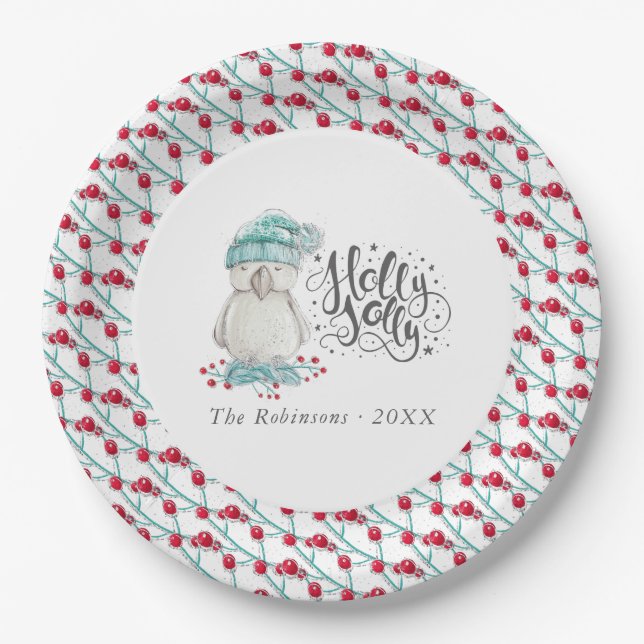 Watercolor Winter Bird Holly Jolly Christmas Party Paper Plate (Front)