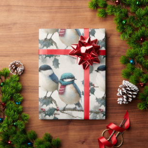 Watercolor Winter Birds with Red Scarf Wrapping Paper