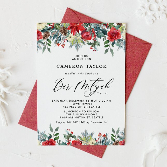 Watercolor Winter Blooms Floral Bar Mitzvah Invitation (Creator Uploaded)