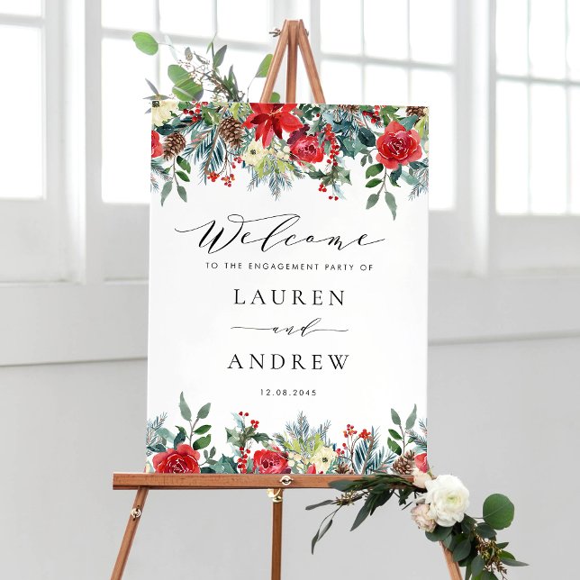 Watercolor Winter Blooms Floral Garlands Wedding Poster (Customizable botanical engagement party sign featuring watercolor winter flowers and greenery. )