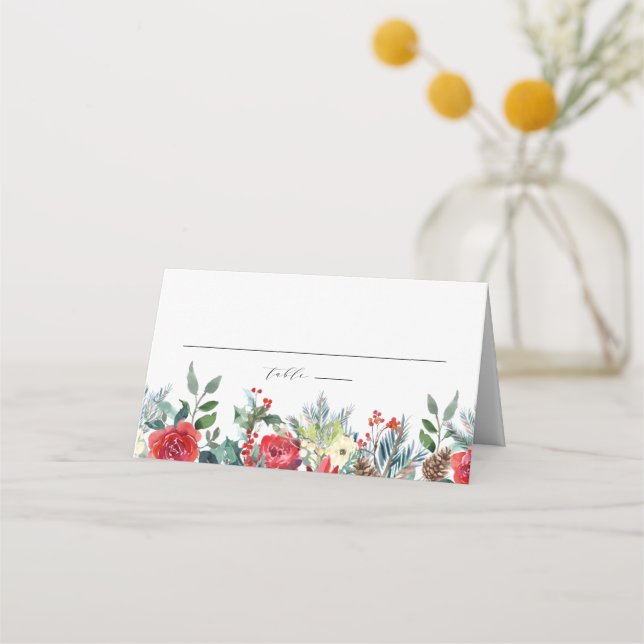 Watercolor Winter Blooms Garland Botanical Wedding Place Card (Front)