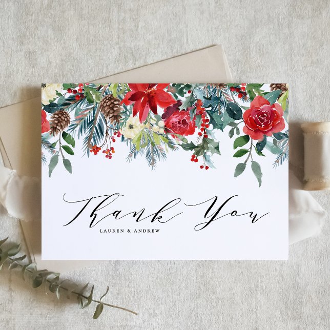 Watercolor Winter Blooms Garland Botanical Wedding Thank You Card (Creator Uploaded)
